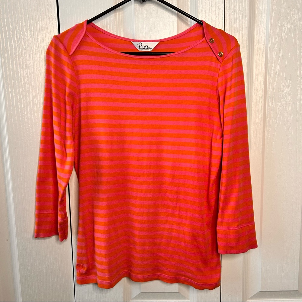 Lilly Pulitzer Women M Pink Orange Striped Button Shoulder 3/4 Sleeves Top Shirt